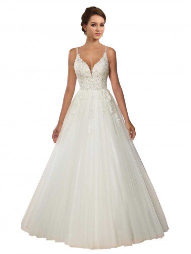 Cheapest Modern Spaghetti Straps Ball Gown Tulle Wedding Dress with Lace Bodice UK