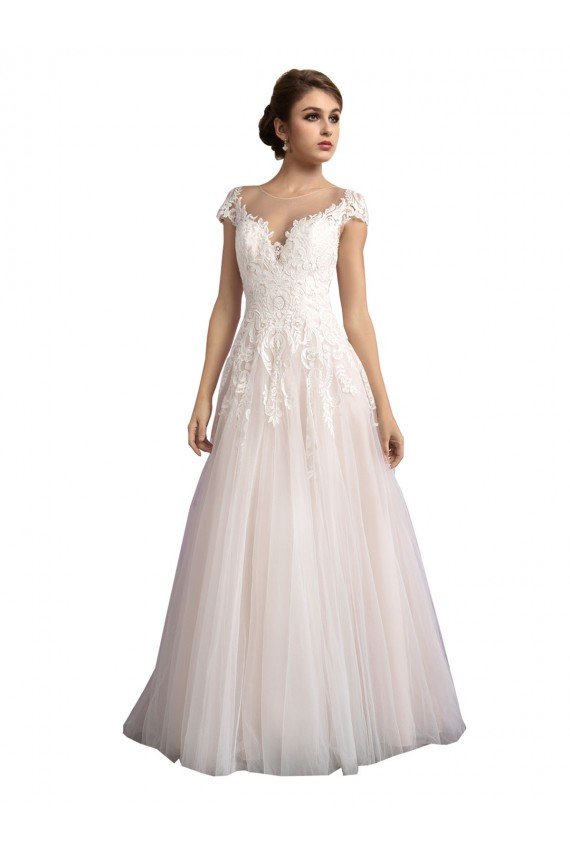 Cheapest Illusion Cap Sleeves A-Line Tulle Beach Wedding Dress with Lace Bodice UK