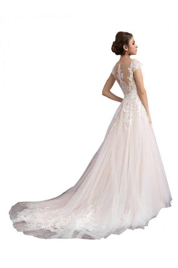Cheapest Illusion Cap Sleeves A-Line Tulle Beach Wedding Dress with Lace Bodice UK