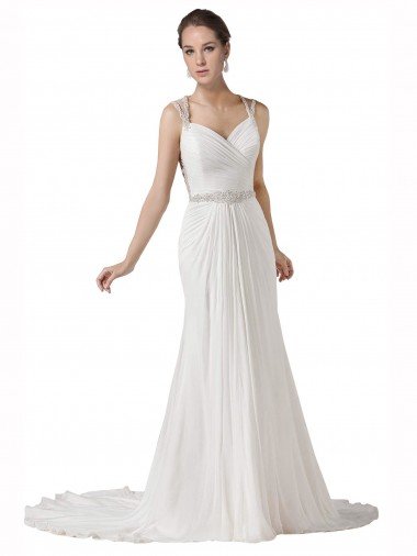 Cheapest Sweetheart Sheath Chiffon Beach Wedding Dress with Beaded Belts UK