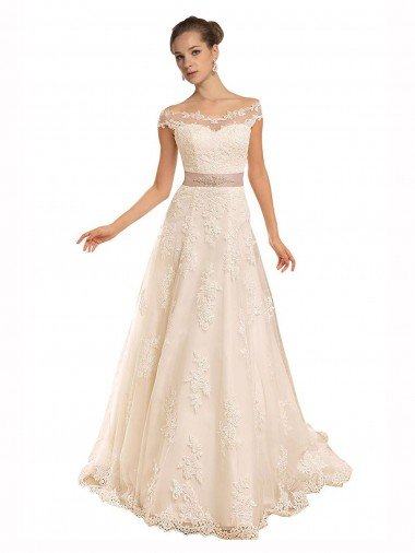 Cheapest Off the Shoulder Illusion Back A-Line Lace Beach Wedding Dress UK