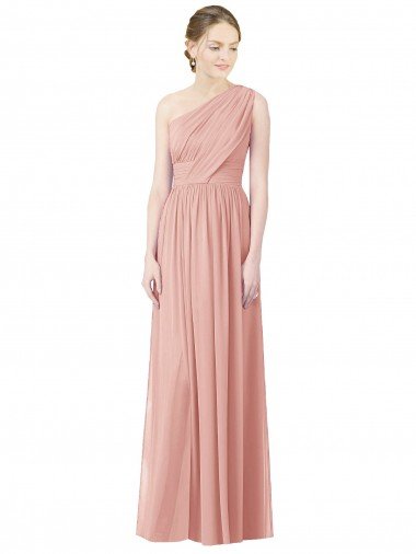 Cheapest One Shoulder Long Chiffon Bridesmaid Dress with Shirred Waistband UK
