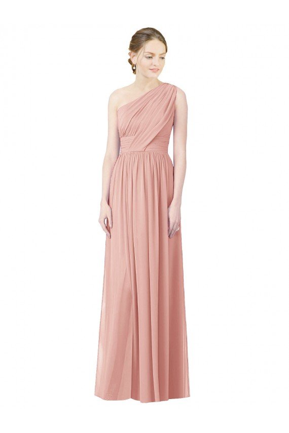 Cheapest One Shoulder Long Chiffon Bridesmaid Dress with Shirred Waistband UK
