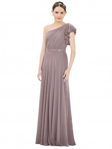 Cheapest Full Length One Shoulder Chiffon Bridesmaid Dress with Shoulder Ruffle UK