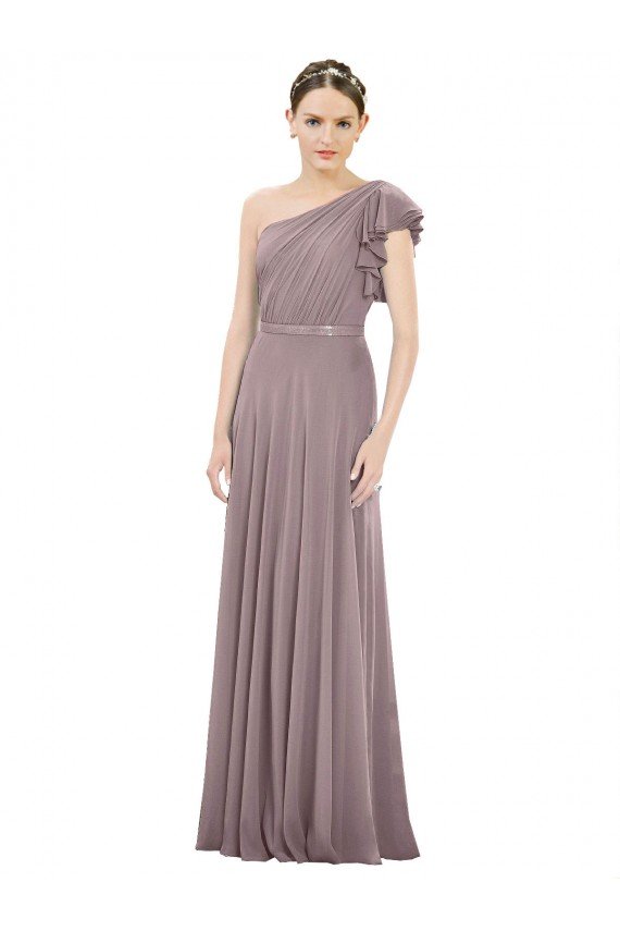 Cheapest Full Length One Shoulder Chiffon Bridesmaid Dress with Shoulder Ruffle UK