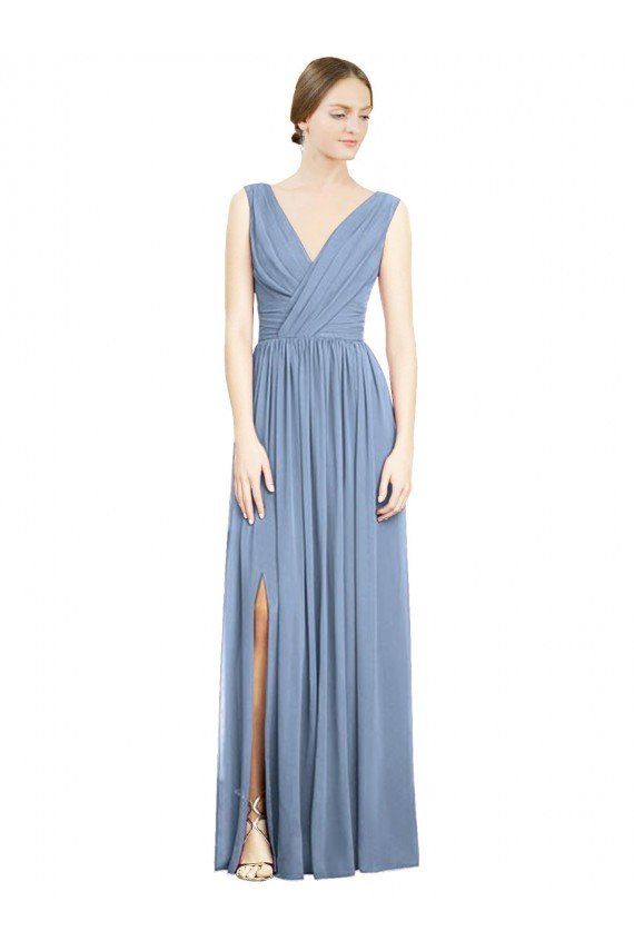Cheapest Sleeveless Draped Chiffon Maxi Bridesmaid Dress with Front Slit UK