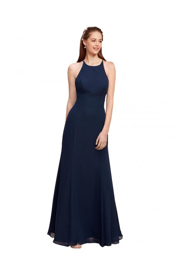 Cheapest High Halter Fit and Flare Long Chiffon Bridesmaid Dress / Prom Dress with Criss Cross Low Back UK