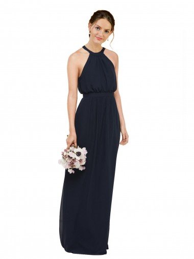 Cheapest High Halter Neckline Chiffon Bridesmaid Dress with Slim Keyhole Back UK