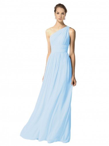 Cheapest One Shoulder Long Chiffon Bridesmaid Dress with Shirred Bodice and Front Keyhole UK