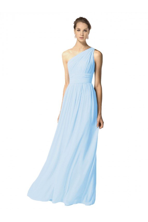 Cheapest One Shoulder Long Chiffon Bridesmaid Dress with Shirred Bodice and Front Keyhole UK