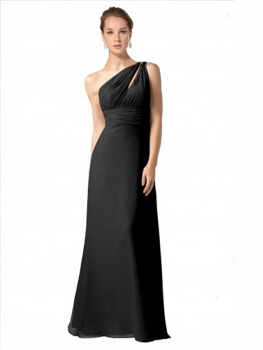 Cheapest One Shoulder Full Length Chiffon Bridesmaid Dress with Shirred Bodice UK
