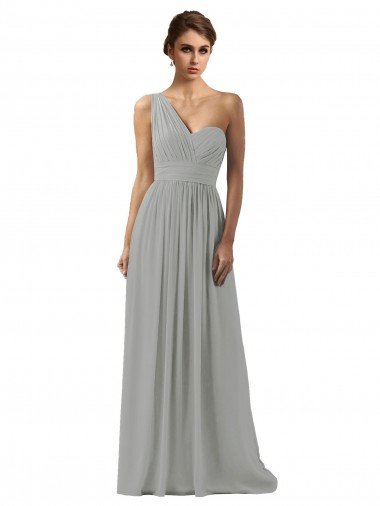 Cheapest Ruffled One Shoulder Floor Length Long Chiffon Bridesmaid Dress UK