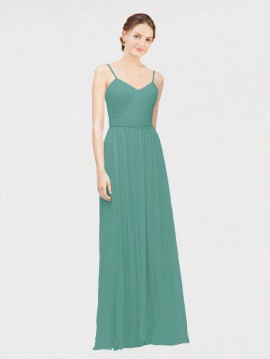 Cheapest Rouched V-Neckline and Spaghetti Straps Long Chiffon Bridesmaid Dress UK