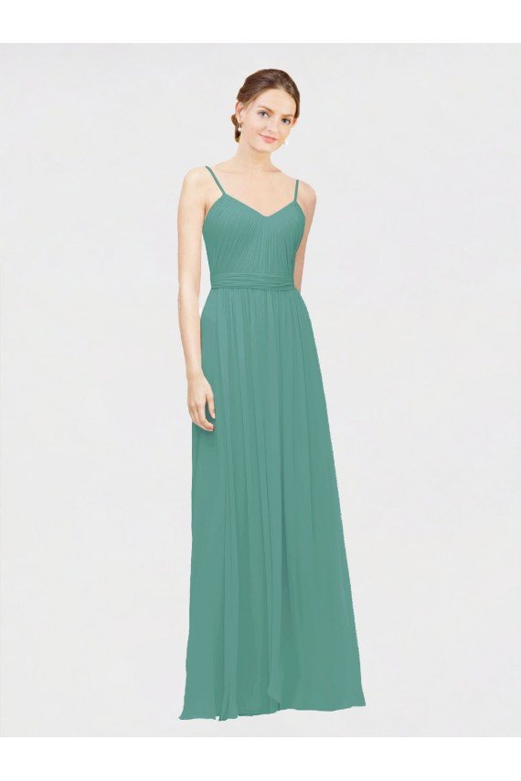 Cheapest Rouched V-Neckline and Spaghetti Straps Long Chiffon Bridesmaid Dress UK