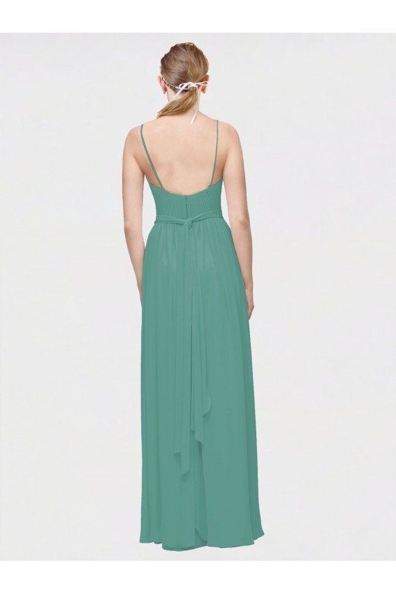 Cheapest Rouched V-Neckline and Spaghetti Straps Long Chiffon Bridesmaid Dress UK