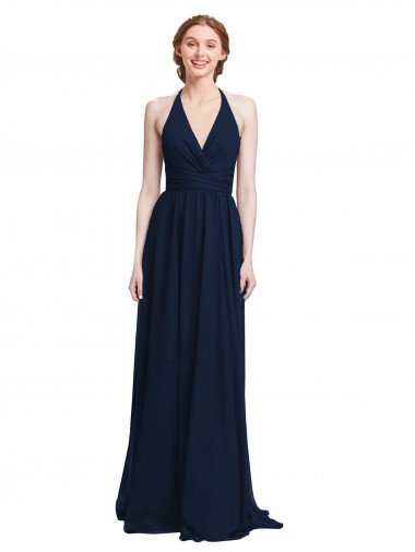 Cheapest Halter Chiffon Bridesmaid Dress with V-Neckline and Criss Cross Waist UK