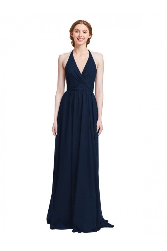 Cheapest Halter Chiffon Bridesmaid Dress with V-Neckline and Criss Cross Waist UK