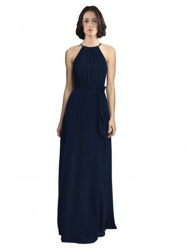 Cheapest High Neckline Floor Length Chiffon Bridesmaid Dress with Belt UK