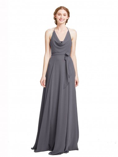 Cheapest Spaghetti Strap Long Chiffon Bridesmaids Dress with Halter Cowl Neck UK