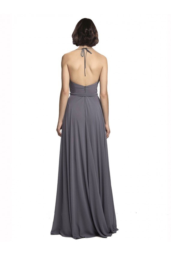 Cheapest Spaghetti Strap Long Chiffon Bridesmaids Dress with Halter Cowl Neck UK