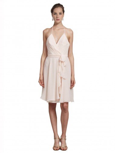 Cheapest Short Knee Length Wrap Chiffon Halter Bridesmaids Dress UK