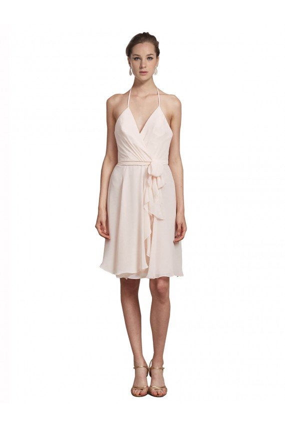 Cheapest Short Knee Length Wrap Chiffon Halter Bridesmaids Dress UK