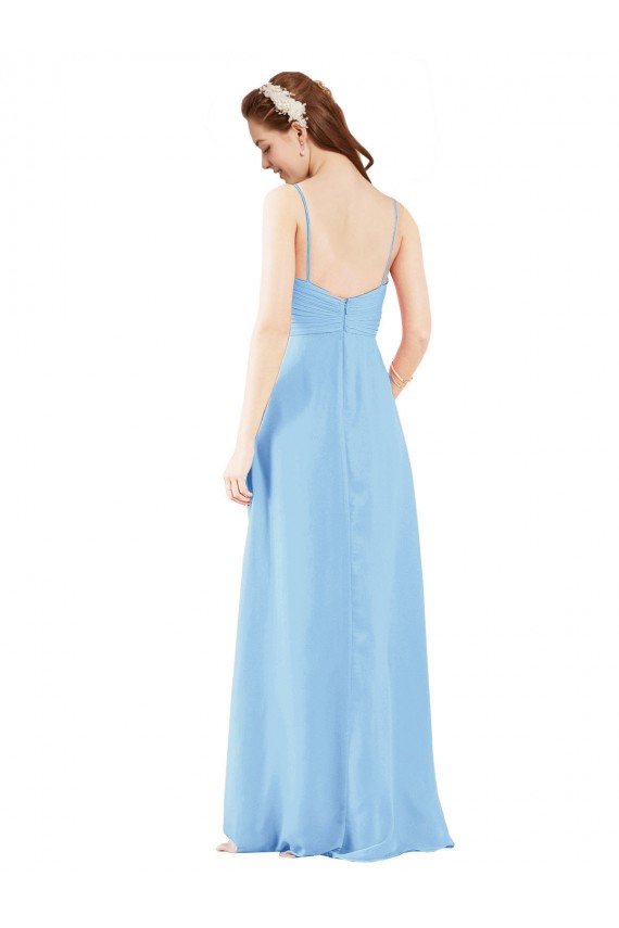 Cheapest Pleated Low Back Long V-Neck Chiffon Bridesmaid Dress with Thin Straps UK