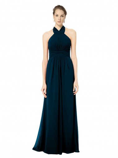 Cheapest Keyhole Back Long Chiffon Halter Dress with Halter Straps Cross Neck UK