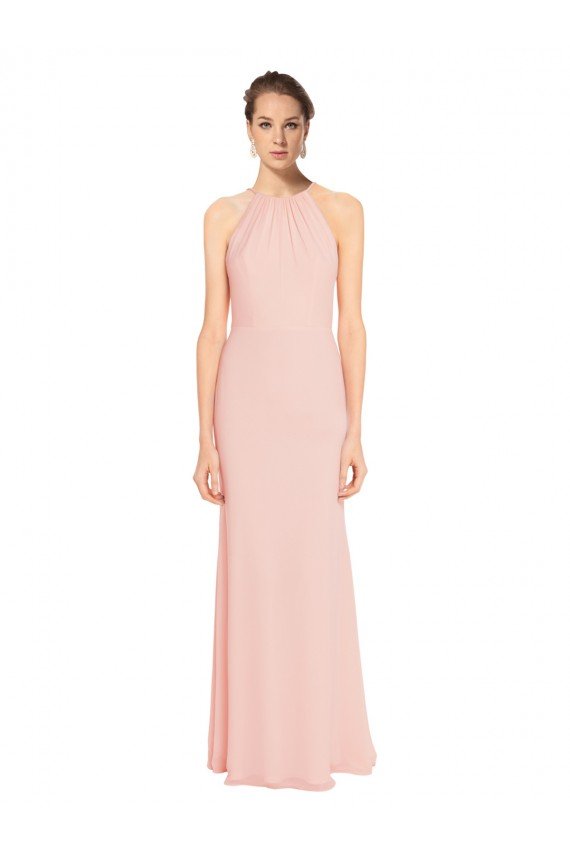 Cheapest High Neck Long Chiffon Halter Bridesmaid Dress with Drape Chiffon Overlay UK