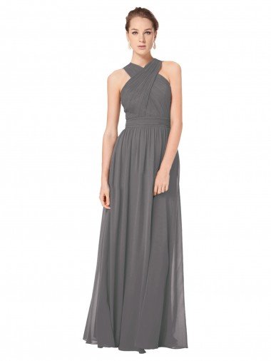 Cheapest Long Chiffon Halter Bridesmaid Dress Keyhole Back UK