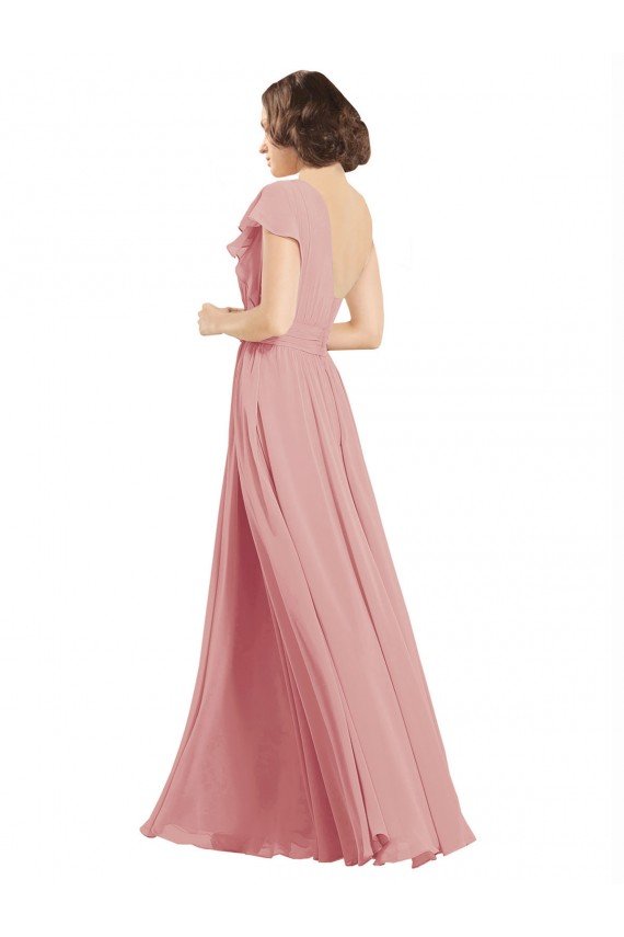 Cheapest Chiffon Bridesmaids Dress with One Shoulder Flounced Sleeve UK