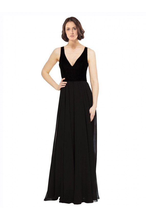 Cheapest Stretch Velvet and Chiffon Bridesmaids Dress with V-Neckline UK