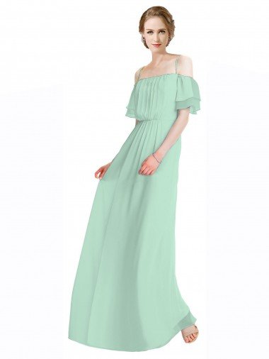 Cheapest Spaghetti Straps Long Chiffon Off-The-Shoulder Bridesmaid Dress with Double Flounce Sleeves UK