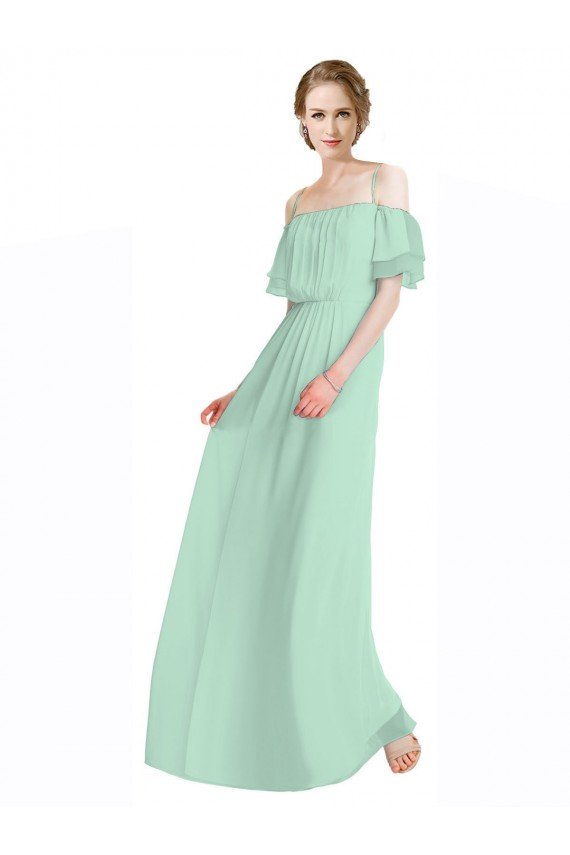 Cheapest Spaghetti Straps Long Chiffon Off-The-Shoulder Bridesmaid Dress with Double Flounce Sleeves UK
