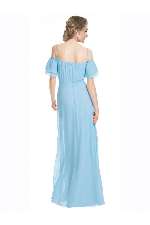 Cheapest Spaghetti Straps Long Chiffon Off-The-Shoulder Bridesmaid Dress with Double Flounce Sleeves UK