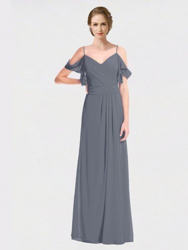 Cheapest Long Chiffon Spaghetti Strap V-Neck Bridesmaid Dress with Off-The-Shoulder Flutter Sleeves UK