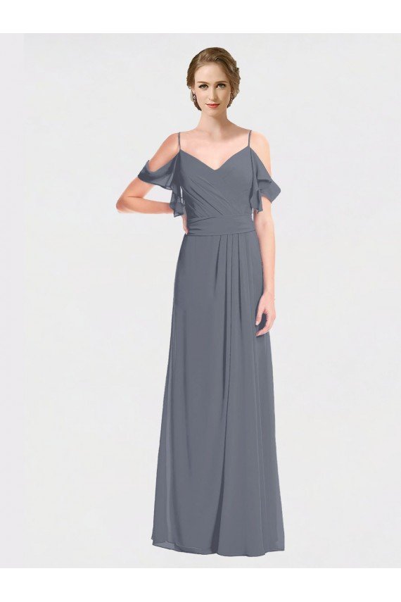 Cheapest Long Chiffon Spaghetti Strap V-Neck Bridesmaid Dress with Off-The-Shoulder Flutter Sleeves UK