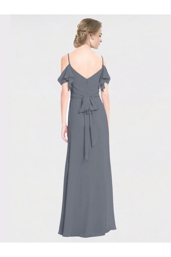 Cheapest Long Chiffon Spaghetti Strap V-Neck Bridesmaid Dress with Off-The-Shoulder Flutter Sleeves UK