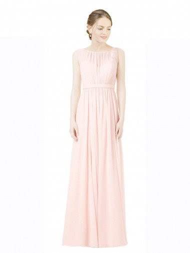 Cheapest Long Chiffon Sleeveless Bridesmaid Dress with Sheer Illusion Top and V-Back UK