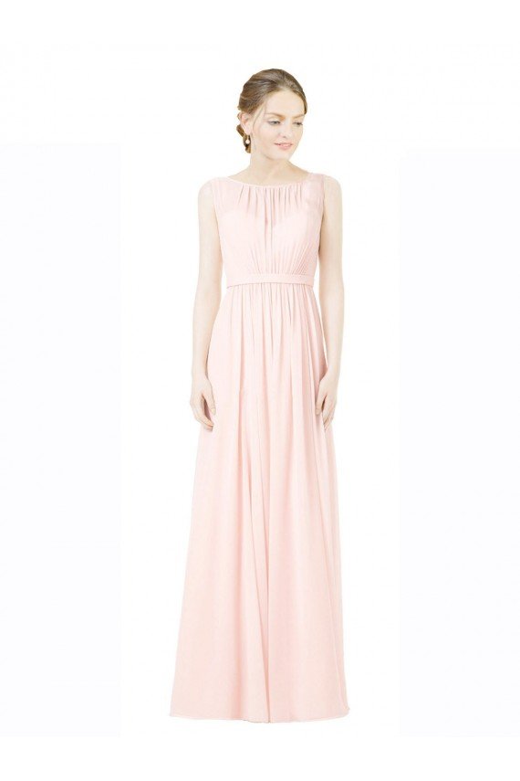 Cheapest Long Chiffon Sleeveless Bridesmaid Dress with Sheer Illusion Top and V-Back UK