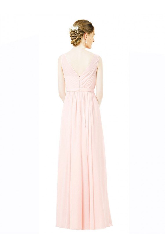 Cheapest Long Chiffon Sleeveless Bridesmaid Dress with Sheer Illusion Top and V-Back UK