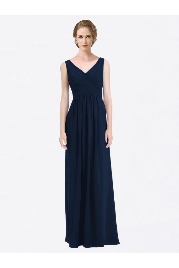 Cheapest Long Chiffon V-Neck Sleeveless Bridesmaid Dress with Criss-Cross Pleated Bodice UK