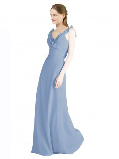 Cheapest Fluted Chiffon Wrap Bridesmaid Dress with Ruffles V-Neck UK