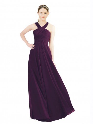 Cheapest Draped Long Chiffon Bridesmaid Dress with Unique Crossed Neckline UK