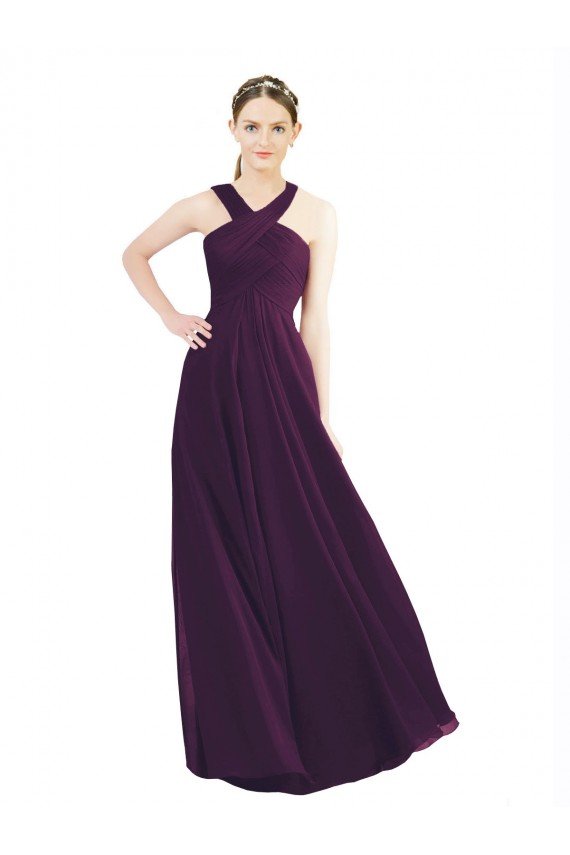 Cheapest Draped Long Chiffon Bridesmaid Dress with Unique Crossed Neckline UK