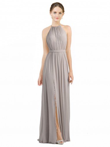 Cheapest Backless Halter Chiffon Bridesmaid Dress with Front Slit and Tie Open Back UK