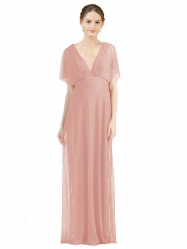Cheapest Draped Short Sleeves Long Chiffon A-Line Bridesmaid Dress UK
