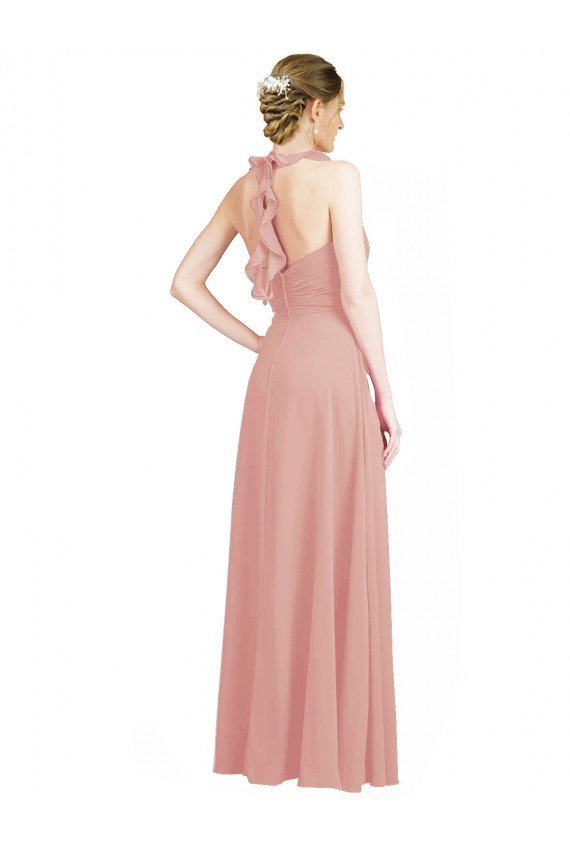 Cheapest Ruched Sweetheart Halter Neckline Chiffon Bridesmaid Dress with Tie Open Back UK