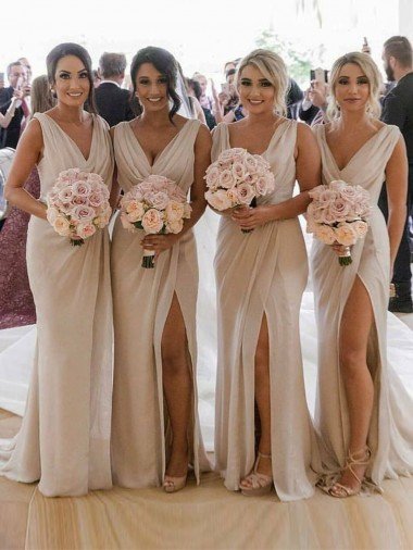 Cheapest Chiffon Long Champagne Evening Dress with Sexy High Slit and Front Ruffles UK
