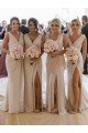 Cheapest Chiffon Long Champagne Evening Dress with Sexy High Slit and Front Ruffles UK